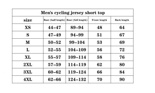 Euro sizing chart for Cycling Jerse